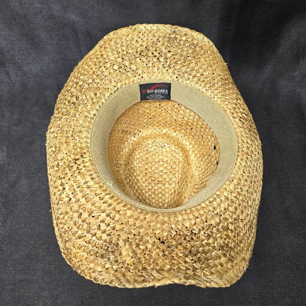 Bio Domes Headgear Tan Straw Wide Brim Cowboy Hat Beaded Country Decor One Size